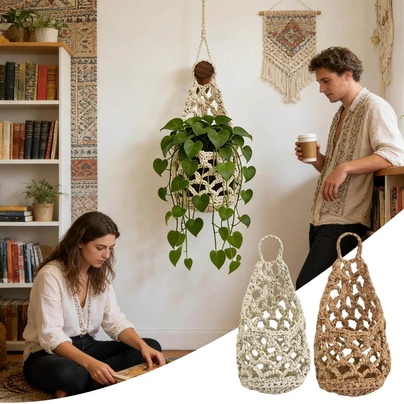 Boho Macrame Plant HangerBasket for Succulents Cotton Rope Woven Hanging Basket with Net Pouch Home Decoration Organizer - Image 6
