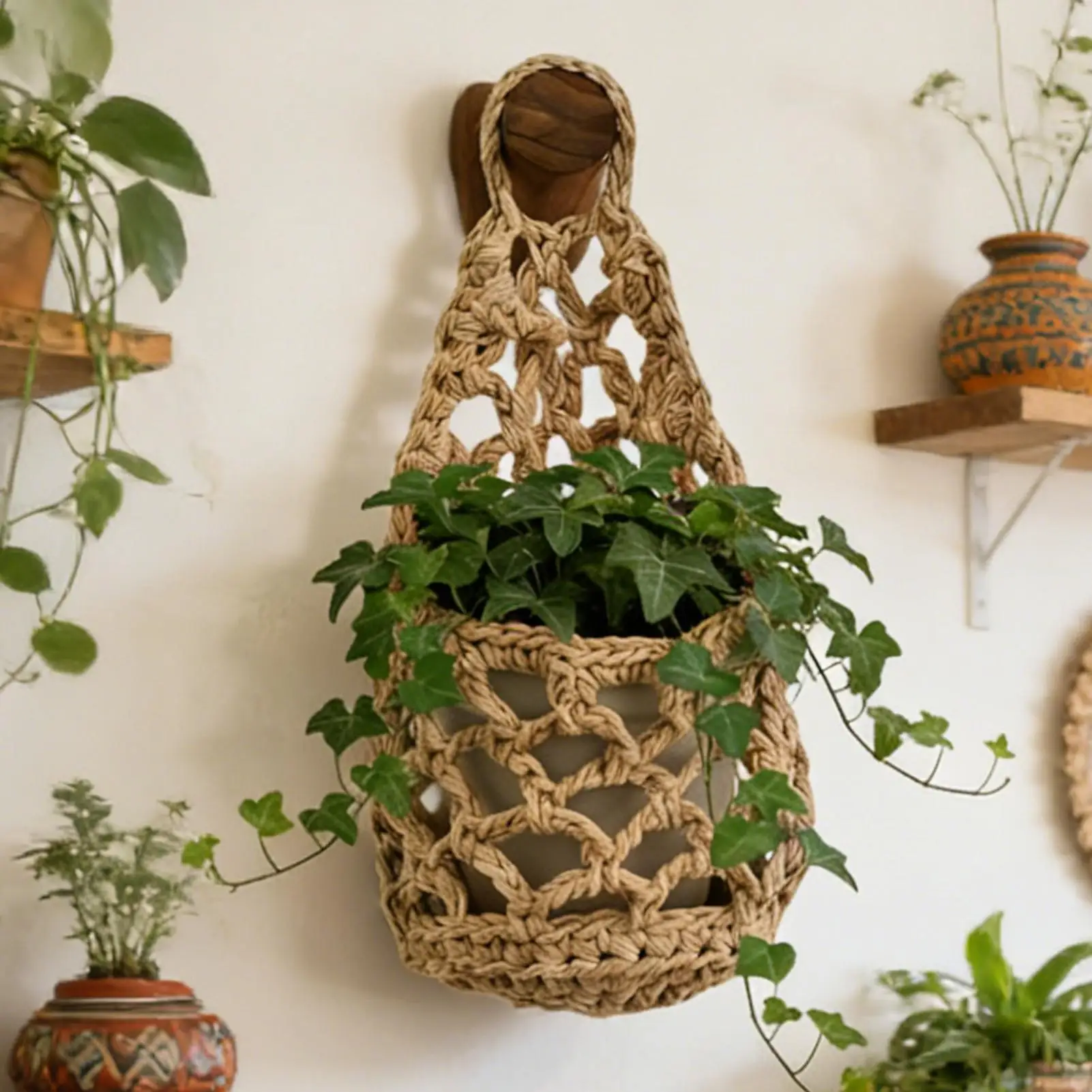 Boho Macrame Plant Hanger, cotton rope woven, natural
